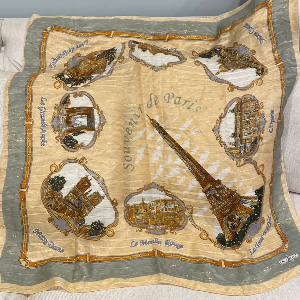 J. MICO SANCHO PARIS Vintage SOUVENIR SCARF 🧣 GOLD THREAD 36” square